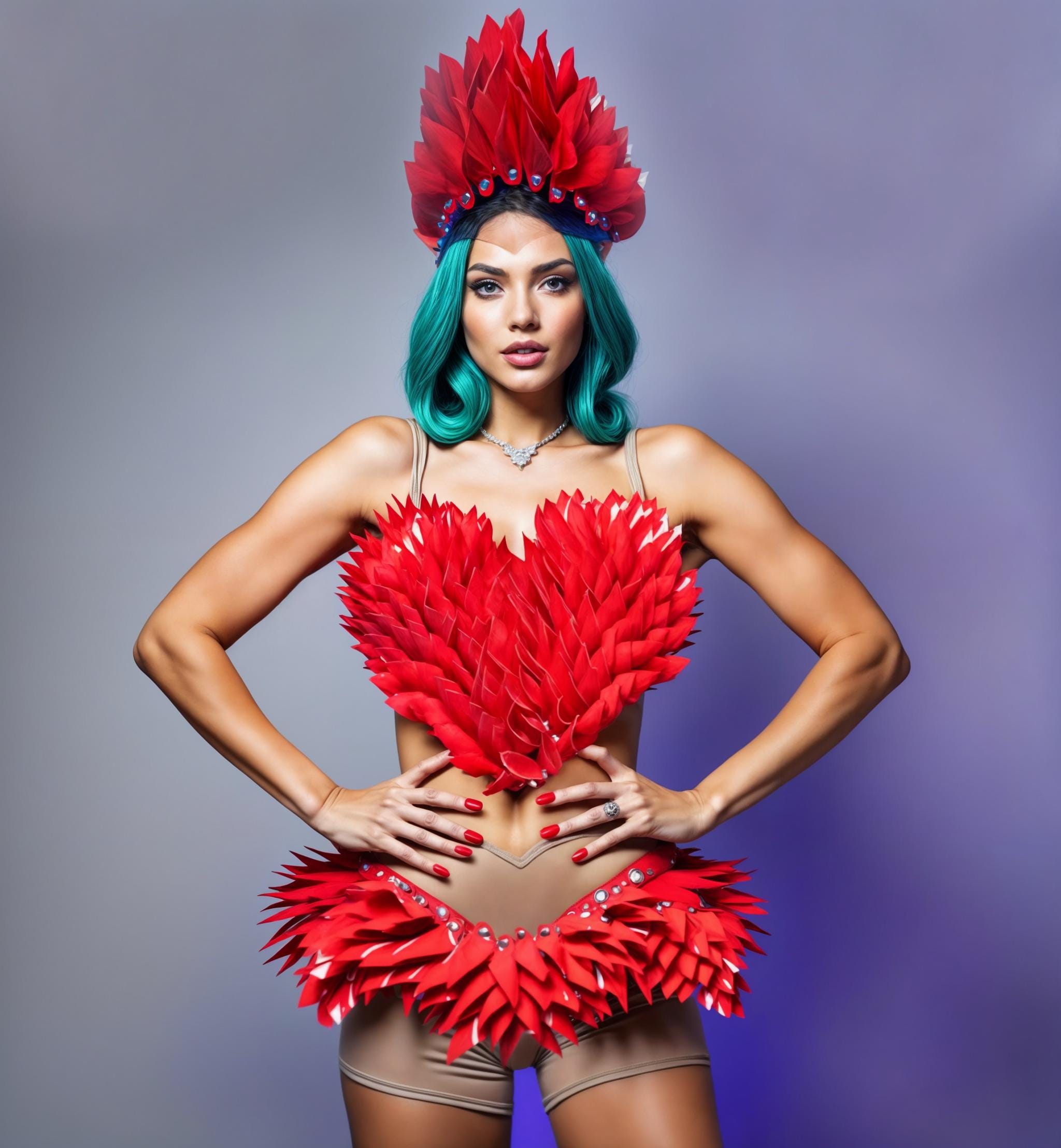 Carnival Dress with Leather Feathers - Crown Headpiece, Top & Skirt, Stage Party Wear, Burlesque Dress, Showgirl Outfit Latex Petals