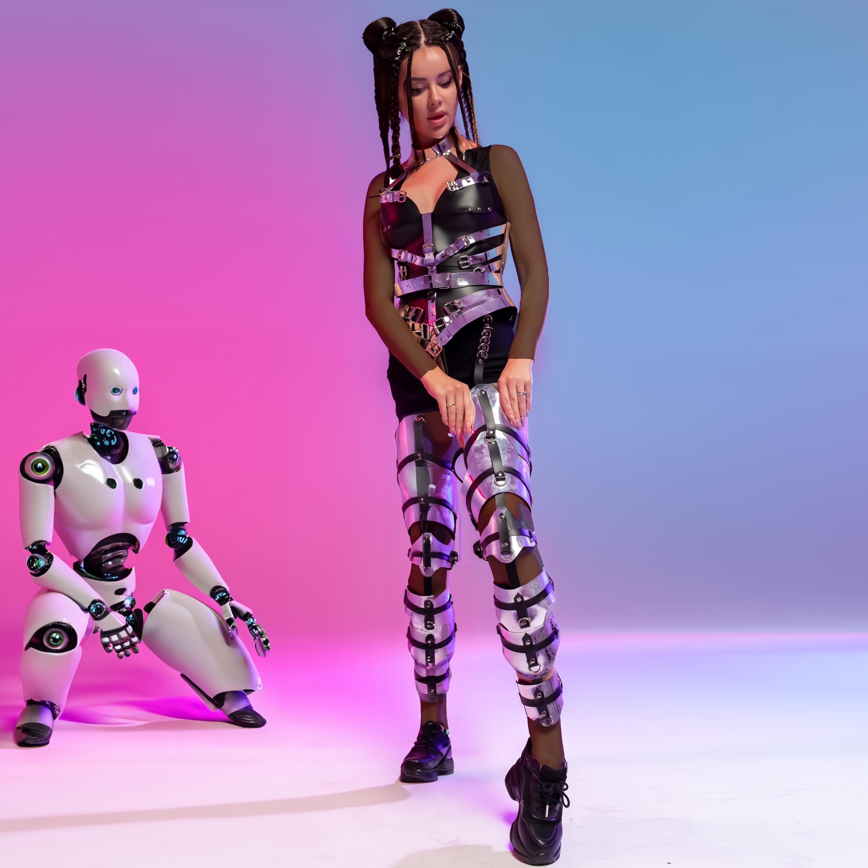 Cyberpunk Mirror Armor Costume – Bodysuit & Leg Covers, Metallic Cyborg Cosplay Outfit for Showgirl Performances, Apocalyptic Robot Wear