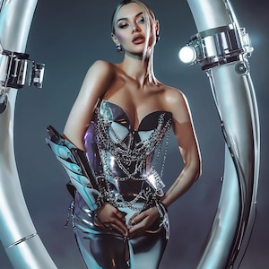 May include: A woman wearing a silver and black corset with chain detailing and matching pants. She is standing in front of a silver, curved structure.