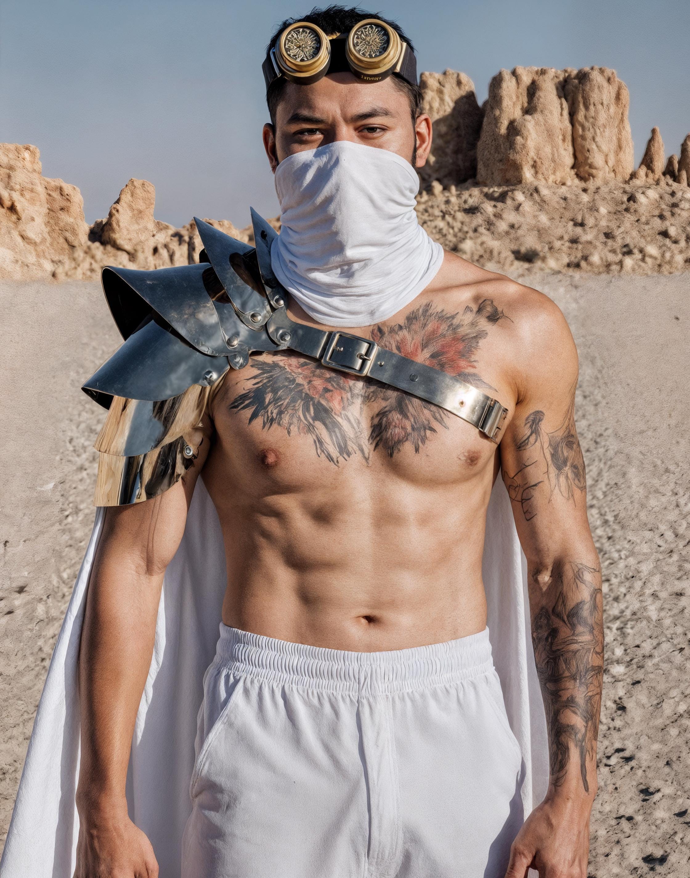Apocalyptic Warrior Men's Costume – Burning Man Gold Armor Outfit, Rave Festival Fashion, Steampunk Leather Shoulders, Futuristic Dune Wear