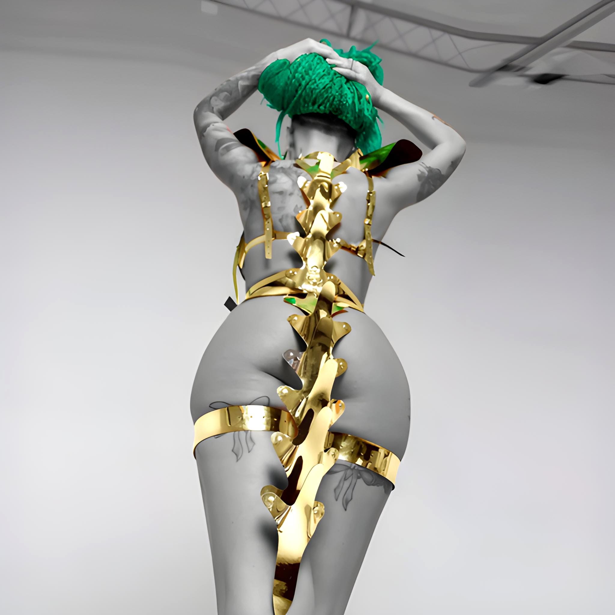 Golden Futurystic Skeleton Costume, Spine Tail Accessories, Body Chain Jewerly