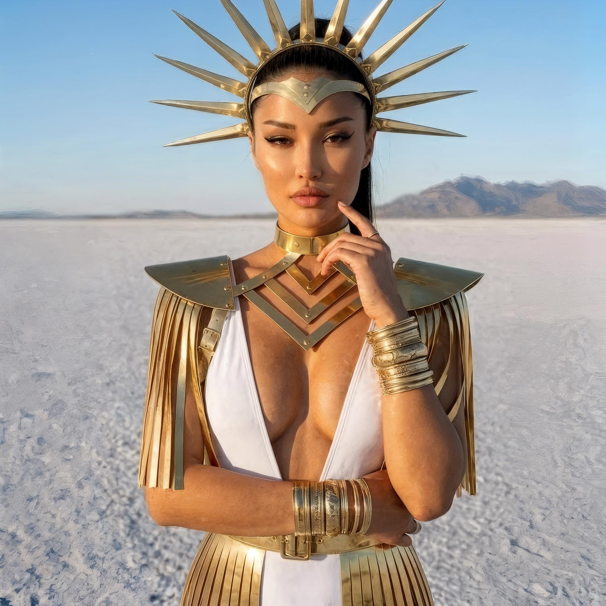 Desert Goddess Costume Set - Fringe Harness Top & Skirt, Gold Festival Wear for Burning Man, Futuristic Cleopatra Outfit