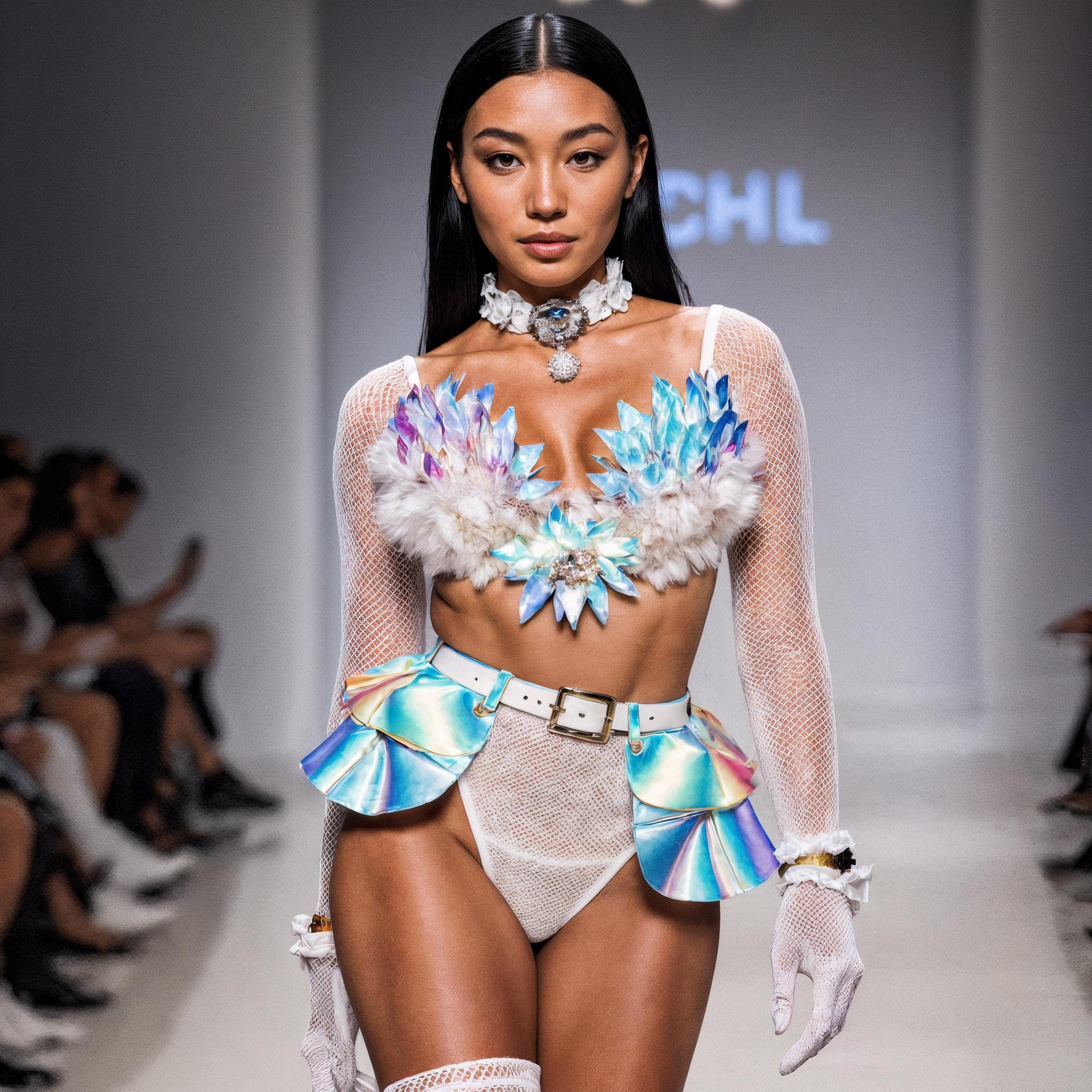 Holographic Leather Feather Top & Skirt, Sparkling Rave Outfit, Iridescent Stage Costume, Party Wear, Bra with Petals, Showgirl Clothing