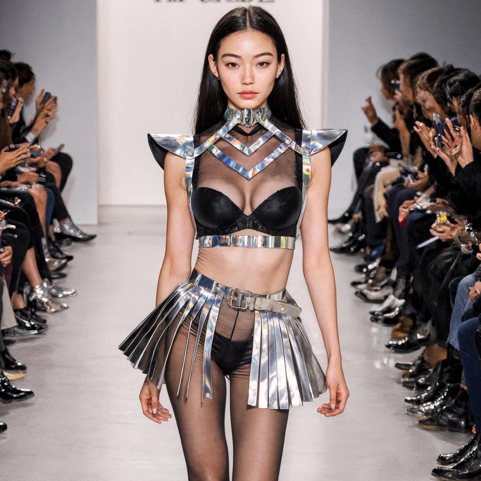 Holographic Rave Outfit with Top-Shoulders & Fringe Skirt - Futuristic Harness, Rave Wear, Fashion Burning man Outfit, Festival Accessories
