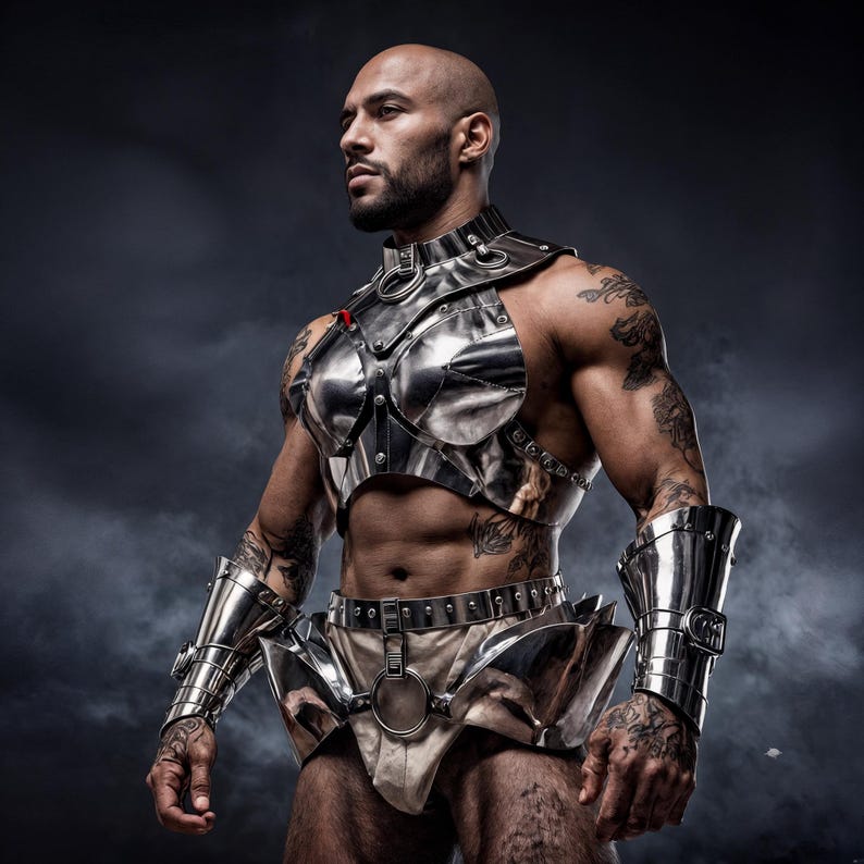 May include: A silver-colored metal chest and waist armor set with matching arm cuffs. The armor has a polished finish and is adorned with rivets and circular accents. The person wearing the armor has tattoos on their arms and chest.