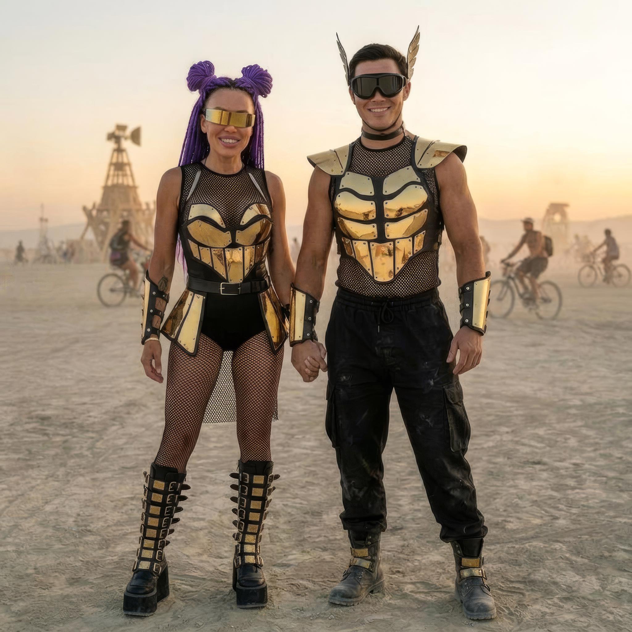 Festival Couple Costume Set - Gold Futuristic Rave Outfits for Men & Women, Burning man Wear