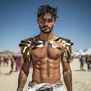 Man's Festival Outfit for Burning man, Golden Metallic Shoulders, Leather Armor, Cyber Punk Harness, Post Apocalyptic, Futuristic Outfit