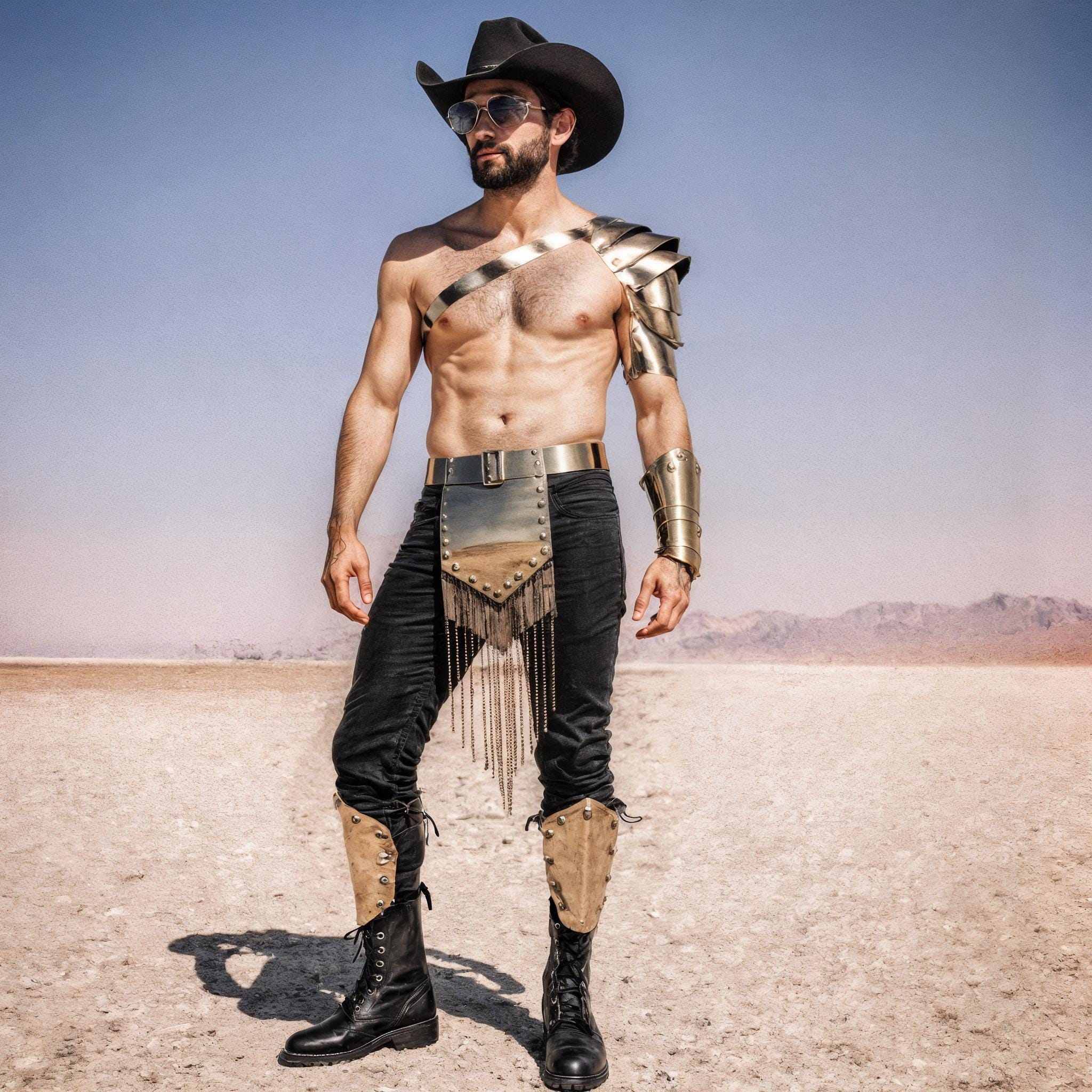 Men's Outfit for Burning Man, Desert Warrior Costume, Rave Festival Fashion, Steampunk Leather Shoulder, Dune Armor Wear, Space Cowboy