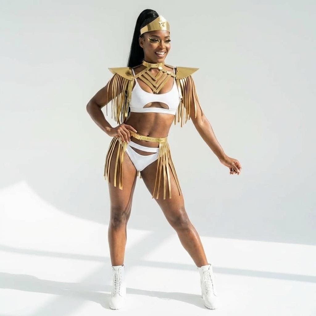 Goddess Rave Outfit - Fringe Skirt & Harness Top, Gold Metallic Festival Wear for Burning Man, EDM Party Look, Futuristic Cleopatra Cosplay