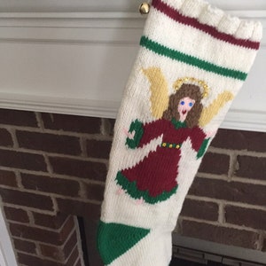 Vintage Angel Knit Stocking Christmas Silver Knitted Halo Red White Pom Pom  Taiwan 