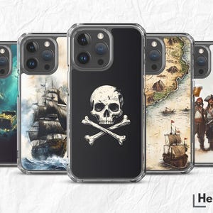 Estuche transparente para teléfono con diseño de piratas en acuarela: barco negro, mapa del tesoro, Jolly Roger, tesoro, funda para iPhone con diseño de piratas, carga inalámbrica