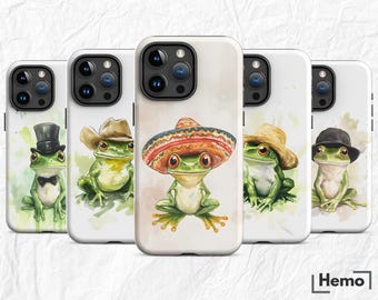 Watercolor Frogs with Hats Phone Case - Aesthetic Green Nature Cover for iPhone 15 Pro Max, 14, 13, 12, 11, Wireless Charging Case