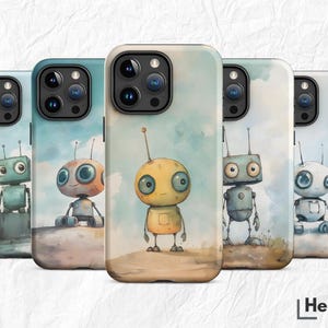 Watercolor Retro Robot Phone Case - Aesthetics Mini Robot Cover for iPhone 15 pro max, 14, 13, 12, 11, Wireless Charging