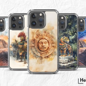Watercolor Clear Aztec Mexico Phone Case - Aztec Warrior, Sun Pyramid, Moon Pyramid, Sun Stone, Jaguar Iphone Cover, Wireless Charging
