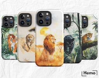 May include: Four different phone cases featuring watercolour animal designs. The cases depict a lion, a cheetah, a tiger and a panther. The cases are all white with a black border.