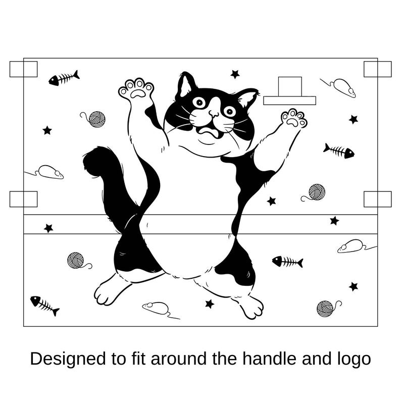 May include: Black and white illustration of a cat with a surprised expression, surrounded by various cat toys, including yarn balls, fish bones, and mice. The image is designed to fit around the handle and logo of a product.