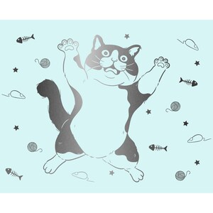 May include: A silver cartoon cat with black markings is jumping in the air with its paws outstretched. The cat is on a light blue background with silver stars, fish bones, yarn balls, and mice.