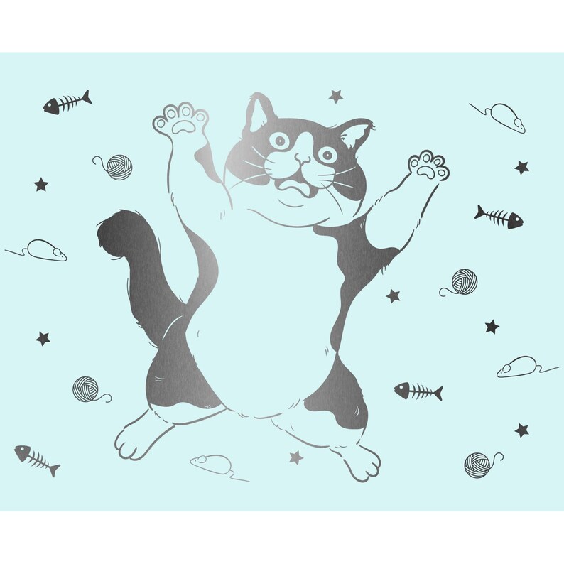 May include: A silver cartoon cat with black markings is jumping in the air with its paws outstretched. The cat is on a light blue background with silver stars, fish bones, yarn balls, and mice.