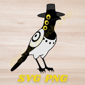 May include: A black and white cartoon bird wearing a black hat with three yellow eye-like circles. The bird has a white belly and a black tail. The text "SVG PNG" is in yellow at the bottom.
