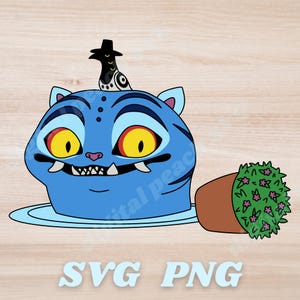 Peut inclure: Illustration de dessin animé d'une créature bleue ressemblant à un chat avec de grands yeux jaunes, des dents pointues et un petit oiseau portant un chapeau sur la tête. Une plante en pot avec des fleurs roses est à droite. Le texte "SVG PNG" est en bas.