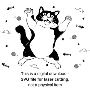 May include: Black and white illustration of a cat jumping in the air with its mouth open. The cat is surrounded by small black and white illustrations of stars, fish bones, yarn balls, and mice.