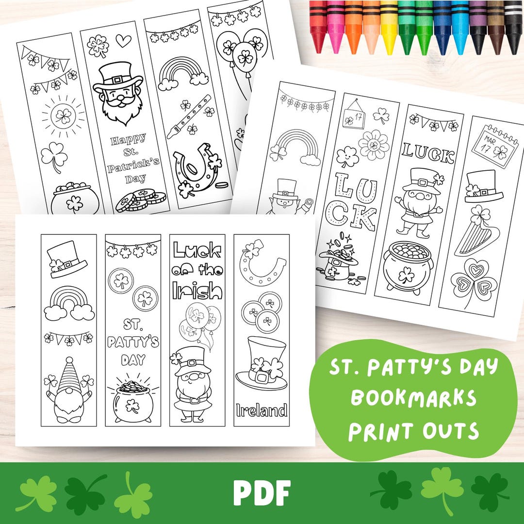 St. Patty's Bookmarks Printable PDF, St Patricks Day Bookmarks Coloring ...
