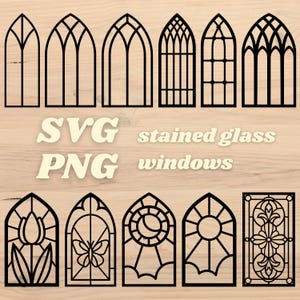 May include: Set of ten black and white SVG and PNG stained glass window designs. The designs include a tulip, butterfly, sun, moon, and geometric patterns.