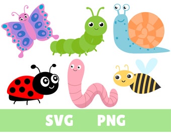 Cute Bugs, SVG PNG, Butterfly Caterpillar Worm Bee Snail Ladybug, School Clip Art, Digital Download, Cricut Cut File