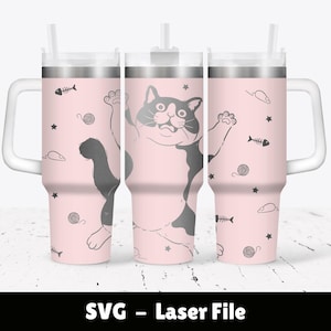 Cat 40 oz Tumbler Laser File SVG, 40oz Quencher Laser Cutting File, Funny Cat Jumping with Fish Yarn and Mice Tumbler Wrap SVG Digital File