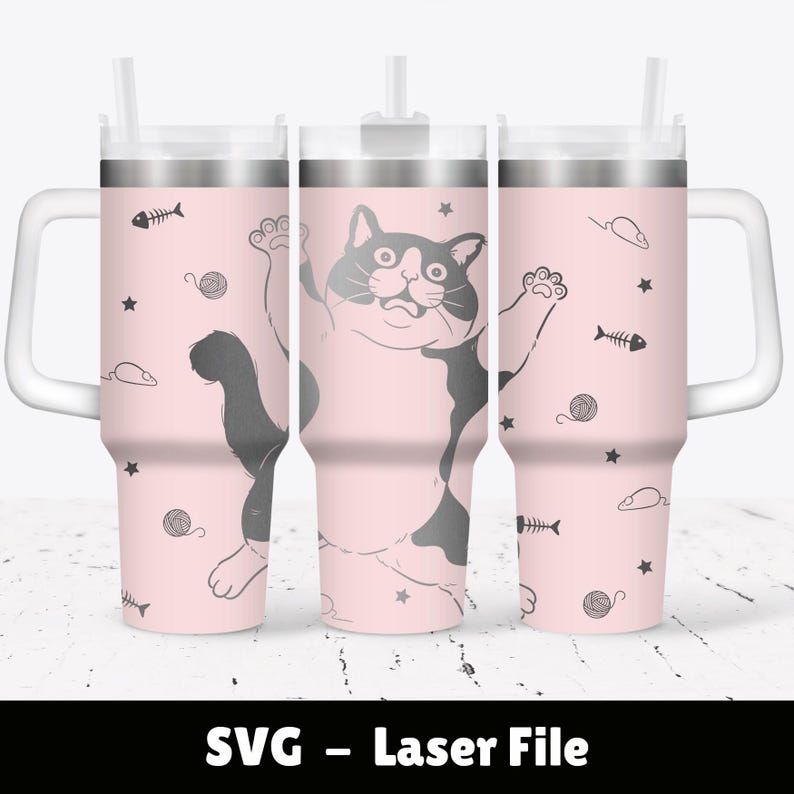 May include: A pink stainless steel tumbler with a black and white cat design. The cat is holding a ball of yarn and there are other cat-themed designs on the tumbler, such as fish bones and mice.