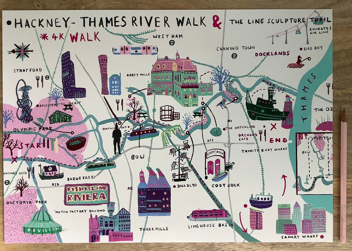 Illustrated Walking Map, hackney River Thames, East London. A3 Digital Print, Unframed. Etsy