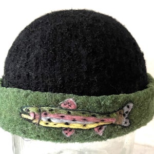 Felted Hat, Watch Cap, Felted Cap, Man hat, Needle Felt Bird, art, Bird Art,wool hat ,Millinery Hat, fish design, FISH