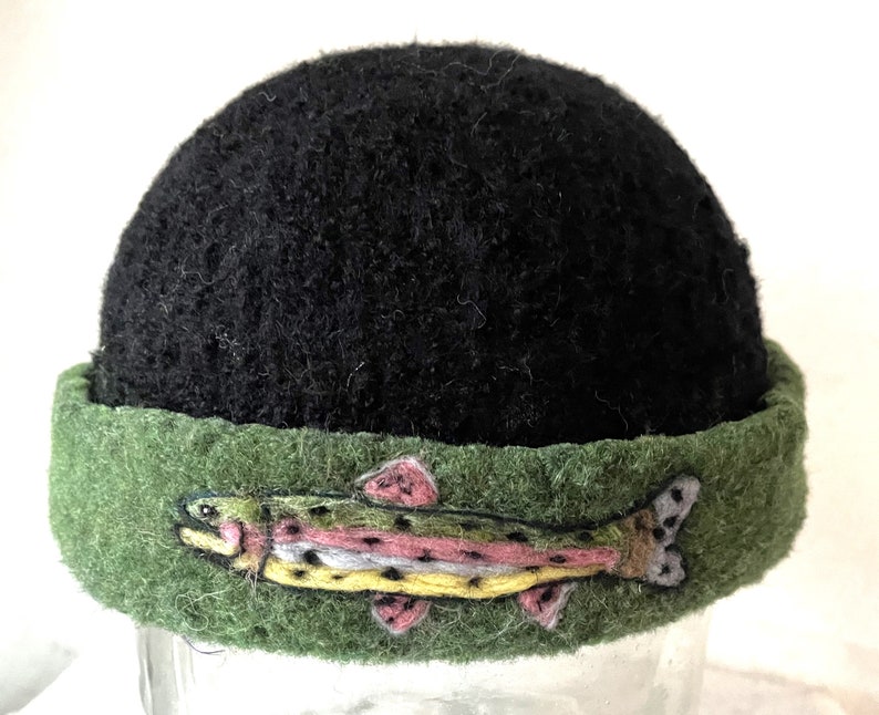 Felted Hat, Watch Cap, Felted Cap, Man hat, Needle Felt Bird, art, Bird Art,wool hat ,Millinery Hat, fish design, FISH