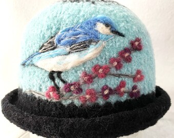 Felted Hat, bluebird, Bowler Hat, Cloche, Felted Cap,, Alpaca hat, Needle Felt bird, bird art, wool hat, women's hat, Millinery Hat