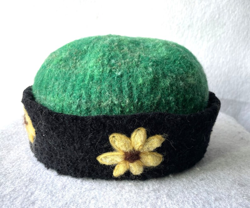 Felted Hat, Watch Cap, Felted Cap, Man hat, Needle Felt Bird, art, Bird Art,wool hat ,Millinery Hat, fish design, FLOWER  1