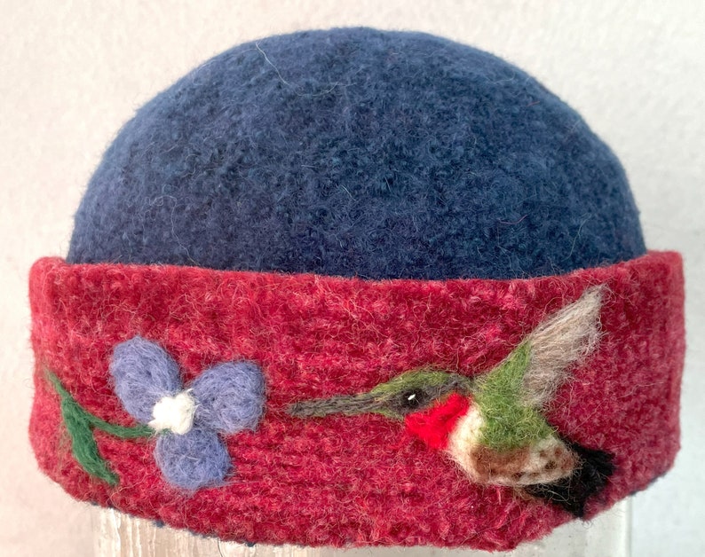 Felted Hat, Watch Cap, Felted Cap, Man hat, Needle Felt Bird, art, Bird Art,wool hat ,Millinery Hat, fish design, HUMMING BIRD