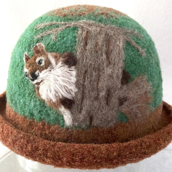 Felted Hat, Alpaca Hat, Cloche Hat, Fiber art, Bowler hat Derby Hat, Designer Hat, women's hat ,wool hat, SQUIRREL art, felt art