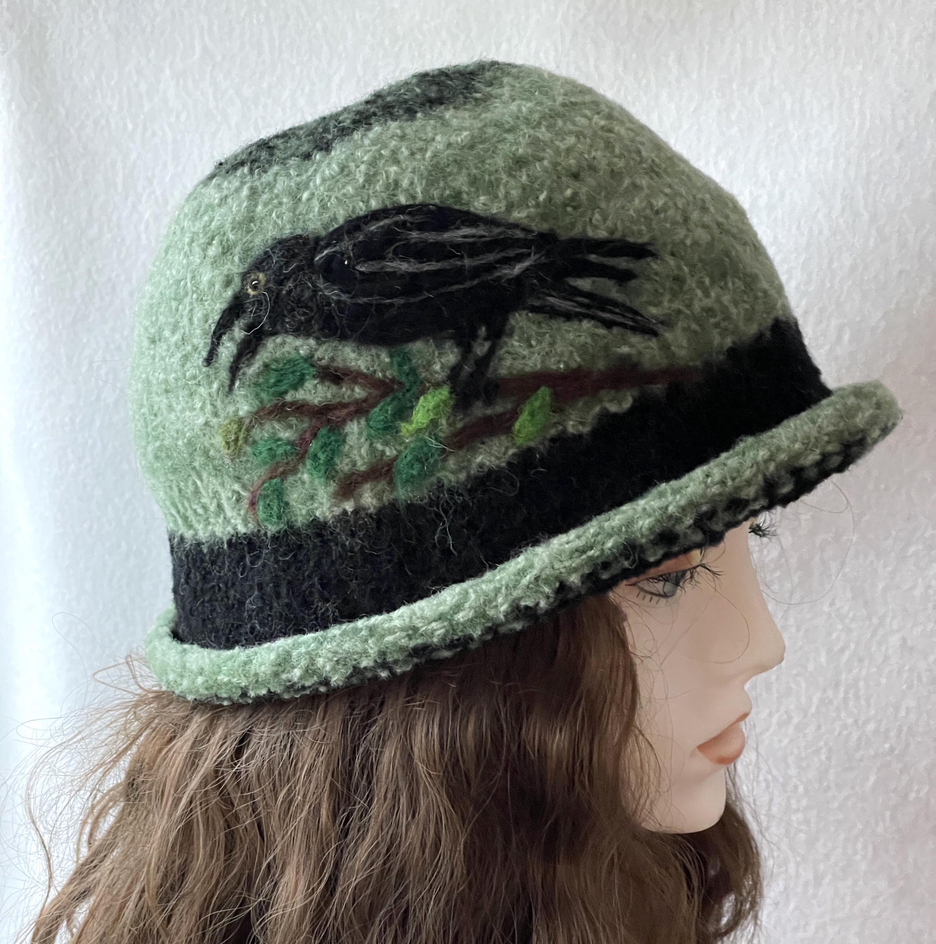 Alpaca Felted Hat, Felt Hat, Bird Art, crow art, felt painting, felt cap, bowler hat, derby hat, flapper hat, fiber art, women's hat,