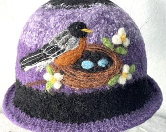 Felted Hat,Bowler Hat,Cloche,Felted Cap,Alpaca hat, Felt Bird,Bird Art,wool hat,women&#39;s hat,Millinery Hat,ROBIN ART,american robin