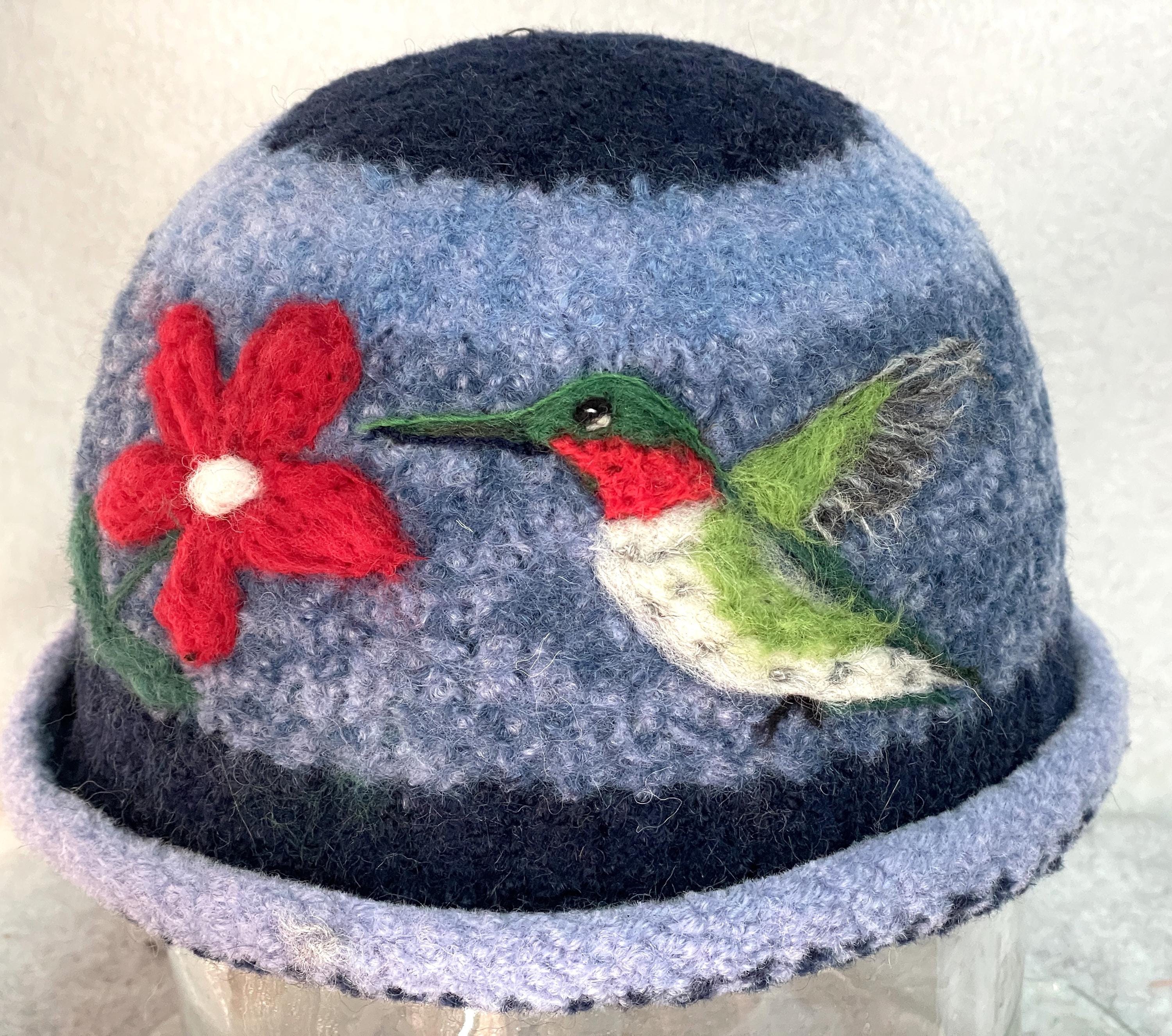 Felted Hat, Bowler Hat, Cloche, Alpaca hat, Needle Felt bird, bird art, wool hat, women's hat, Millinery Hat, felt hat, HUMMINGBIRDS