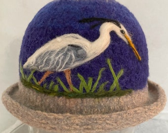 Felted Hat, Bowler Hat, Cloche, Great Blue Heron, Felted Cap, Alpaca hat, Needle Felt, bird Art, wool hat, women's hat, Millinery Hat