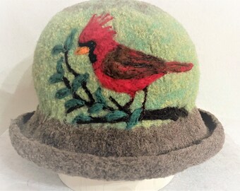 Felted Hat,Bowler Hat,Cloche,Felted Cap,Alpaca hat,Bird Art,wool hat,women's hat,Millinery Hat,cardinal art, felt cardinal