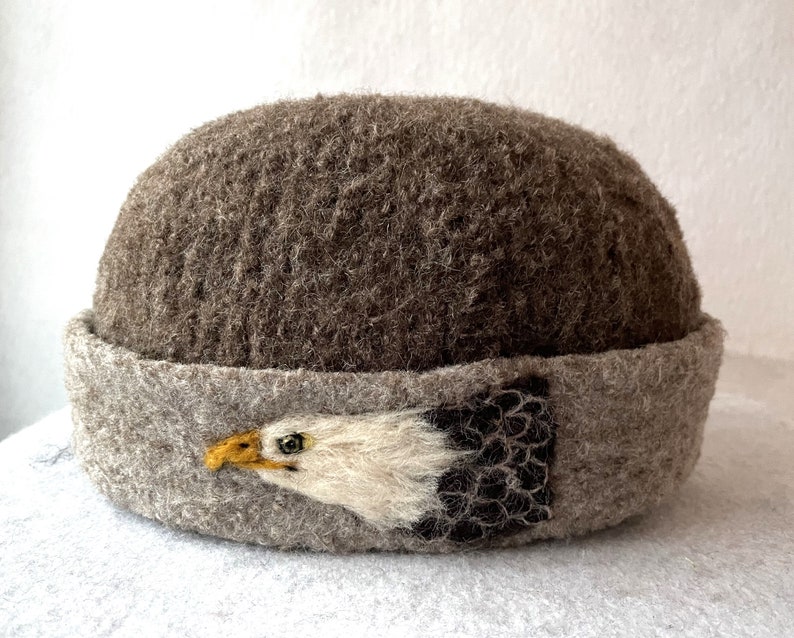 Felted Hat, Watch Cap, Felted Cap, Man hat, Needle Felt Bird, art, Bird Art,wool hat ,Millinery Hat, fish design, EAGLE 2