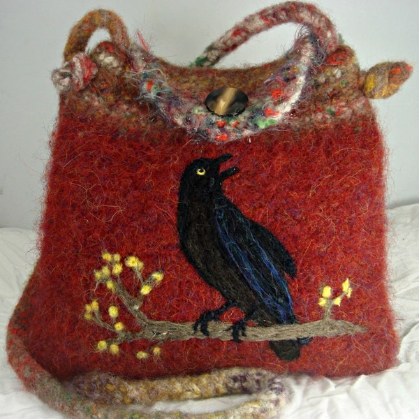 Felted Purse,felted handbag, Crow art, Raven art,needle felt bird, hand knit felted purse