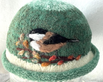Alpaca Felted Hat,Felt Hat,Bird Art,chickadee art,needle ,felt painting,felt cap,bowler hat, derby hat,flapper hat,fiber art,women&#39;s hat