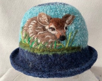 Felted Hat, Bowler Hat ,Cloche ,Felted Cloche, Alpaca hat, fawn ,deer Art, wool hat ,women's hat, Millinery Hat