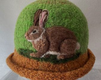 Felted Hat,Bowler Hat,Cloche,Felted Cap,Felted Cloche,Alpaca hat,Needle Felt Bunny,Rabbit Art,wool hat,women's hat,Millinery Hat