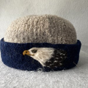 Felted Hat, Watch Cap, Felted Cap, Man hat, Needle Felt Bird, art, Bird Art,wool hat ,Millinery Hat, fish design, Eagle 3