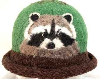 Felted Hat,Bowler Hat,Cloche,Felted Cap,Felted Cloche,Alpaca hat,Needle felt, Raccoon Art,wool hat,women's hat,Millinery Hat