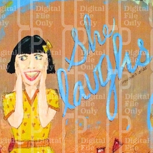 May include: A painting of a woman with her hands on her cheeks, laughing. She is wearing a yellow dress with a floral pattern. The background is a warm orange colour with blue flowers and the text "She laughs" in blue.
